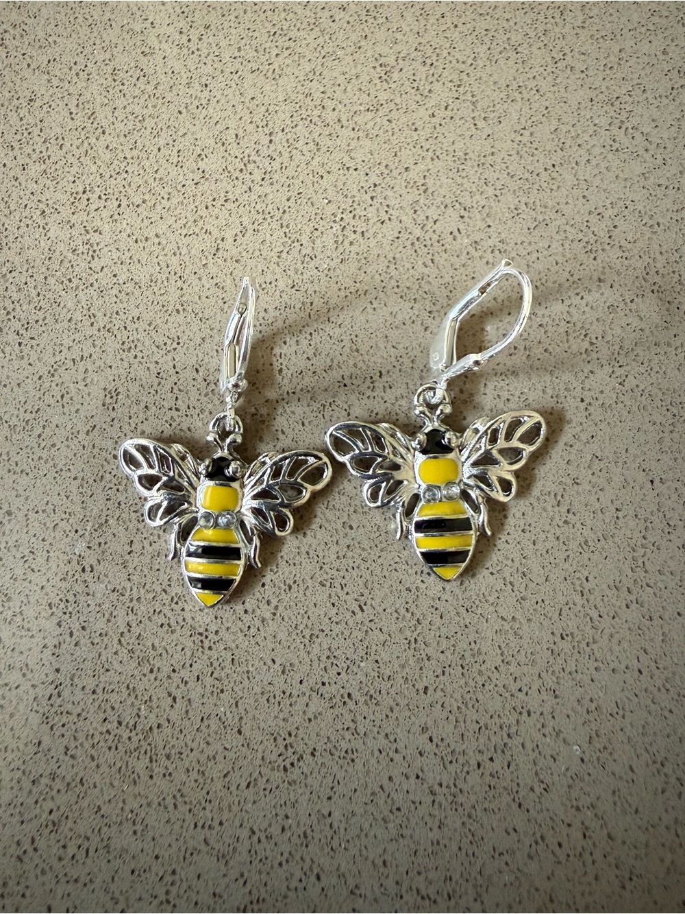 Bumble Bee Leverback Earrings – Yellow & Black Enamel Silver Tone - Picture 5 of 5